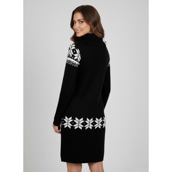 Black & White Fair Isle Cowl Neck Mini Sweater Dress | Nordic Cottagecore Cozy M - Picture 6 of 16